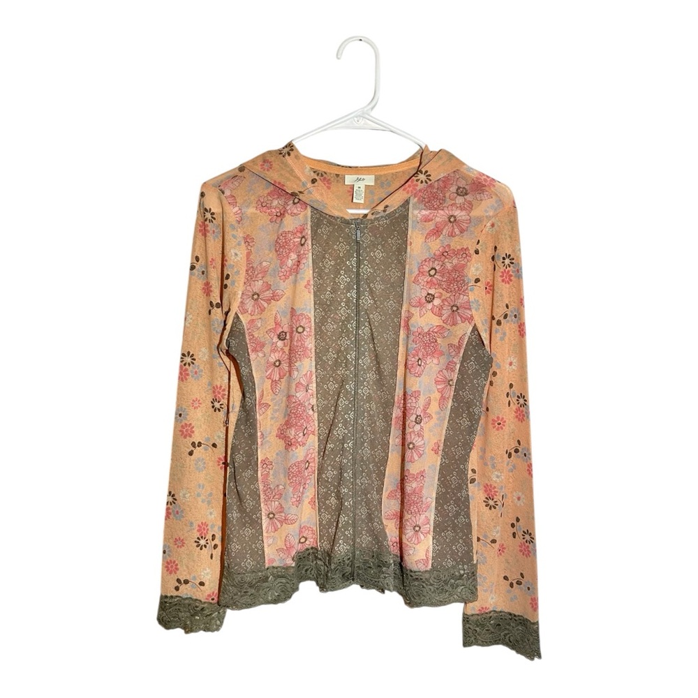J.Jill Y2K Floral Print Mesh Hooded Zip Up Front Tunic‎ Blouse Jacket